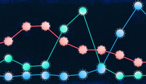 A stylized graph shows rise and fall of three viruses, represented by colored spiky balls. The red one is most prevalent, then green, then blue.