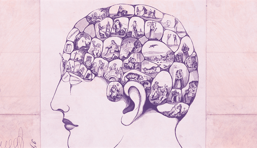 Illustration of a human head with many scenes contained within it.