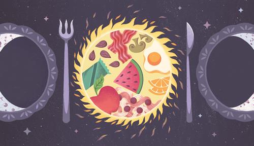 Conceptual illustration shows three dinner plates, two at night with crescent moons are empty, representing a nightly fast, and a third with a sun theme, full of food and representing the benefits of eating during a limited time during the day.