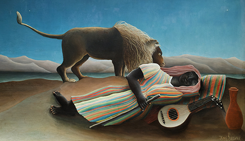 A famous painting by Henri Rousseau shows a mandolin player asleep on the sand. A lion prowls nearby. The moon and stars shine in the grey-blue sky.