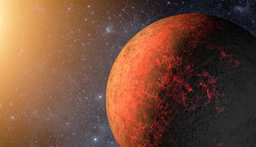 Conceptual illustration of a red planet with its golden star blazing out light from the left. Other small, pale stars twinkle in the background. 