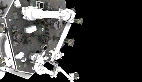 Animation shows a close-up of the moving robotic arm of the OSAM-1 spacecraft.