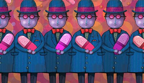 Illustration shows a repeated motif of shady businessman (wearing bow-tie, bowler hat, and sunglasses) holding a large pill capsule.