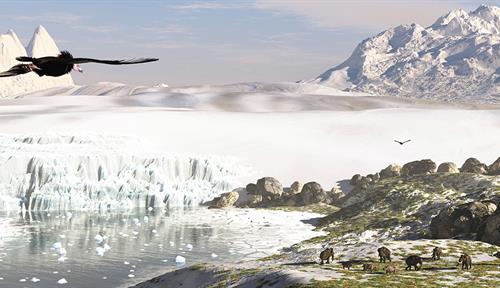 Artist’s rendering of an icy landscape with a condor flying overhead. Below, a herd of mammoth feeds on the tundra near freezing waters with chunks of nice floating in it. There is a huge glacier or ice sheet in the background.