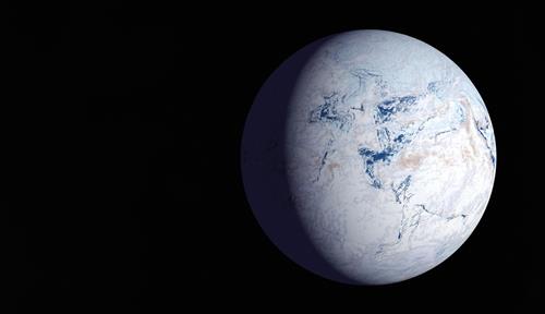 Artwork showing a view of Earth between 700 million and 600 million years ago, when — according to the Snowball Earth theory — our planet was entirely covered with ice on two occasions.