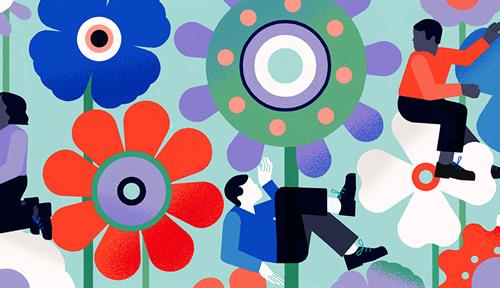 Five people working together amid a set of stylized gears, some in the shape of flower petals.