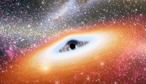 An artist’s conception of a primitive, supermassive black hole surrounded by a star-filled early galaxy.