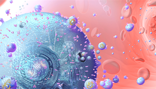 Artwork showing a cell releasing tiny cellular packets known as extracellular vesicles into the bloodstream. These vesicles travel in a variety of bodily fluids and often deliver snippets of genetic material that can turn genes on or off in the cells they travel to.