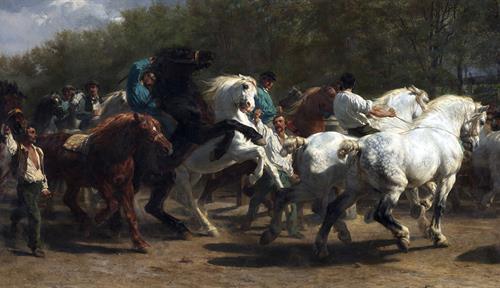 A painting of several horses being wrangled by men along a path through some trees.