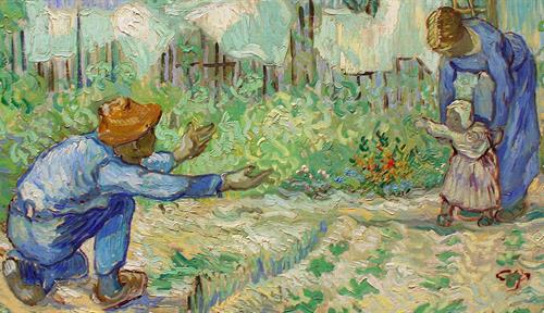 An impressionist painting showing a father crouched down, with arms outstretched, as a toddler attempts to walk toward him.