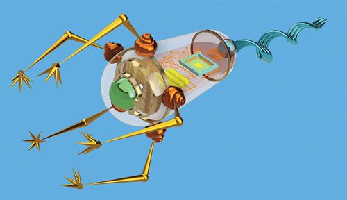 Graphic shows conceptual illustration of a microrobot on a blue background. It has five golden grasping arms and a curly, teal-colored tail, plus other components including visible microcircuitry inside a lightbulb-shaped body.