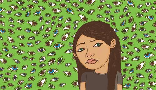 A conceptual illustration shows a young girl with dark hair and an unhappy expression. In the green background are a sea of eyes that seem to be staring at her.