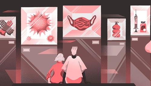 Conceptual illustration of people viewing a museum exhibit. The displays contain a stylized mask, coronavirus model, vaccine, sanitizer and two clasped hands.