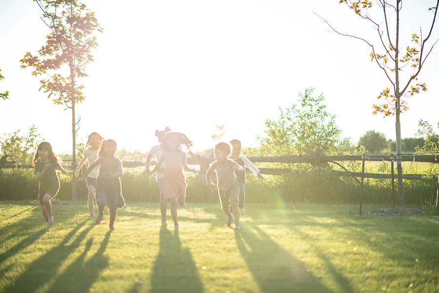 A photograph of children playing on the grass.