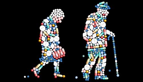 Conceptual illustration showing the silhouettes of an old man and woman comprised of pills of various shapes and colors.