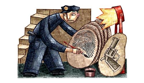 Illustration shows a policeman painting fingerprints and a gun onto pieces of wood, implying he is concocting evidence for use in a court of law.