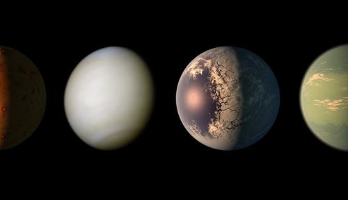 Artist’s rendering of four of the seven exoplanets in the TRAPPIST-1 system: a fiery orange one, a white one, a blue icy one and a green cloudy one