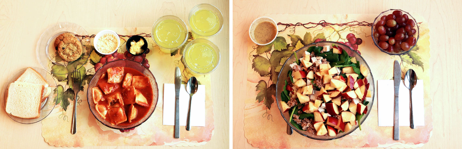 Photo of two meals, one an ultraprocessed lunch and the other a minimally processed lunch.