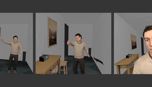 Three frames from a virtual reality simulation show a man entering a room, knocking a phone off a table and looming menacingly toward the viewer.