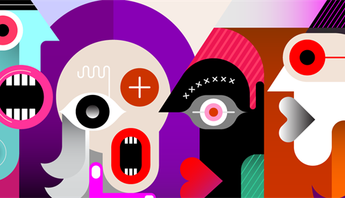 Abstract, conceptual illustration showing several human-like figures with open mouths.