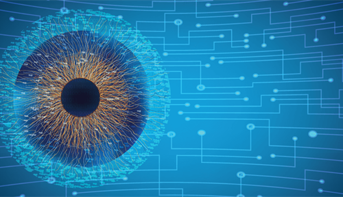 Illustration shows an eye overlaid with a neural circuit diagram, suggesting the bio-electronic interface within an artificial retina.