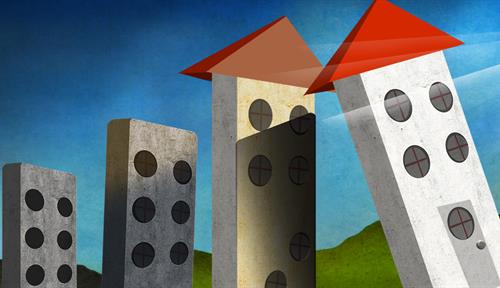 Illustration shows houses, shaped like dominos, threatening to fall and bring down the economy with it.