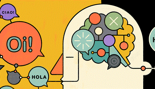 Conceptual illustration of a brain reacting to many languages being spoken. Speaking more than one language may boost brain function as well as gray and white matter, and possibly preserve the aging brain