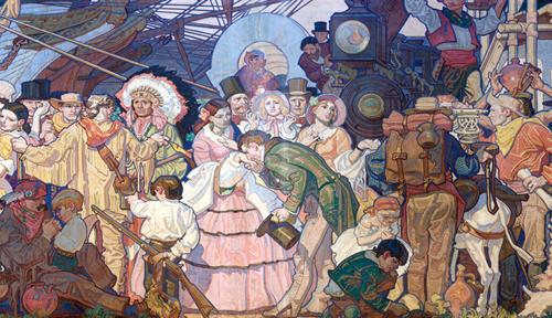 A classic mural displays a host of human figures of varied ages, affluence and ethnicity, including Native Americans, against a backdrop of ships, locomotives, buildings under construction and a covered wagon.