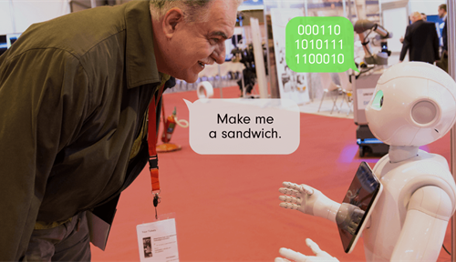 Photo shows a man interacting with Pepper, an artificial intelligence robot from Softbank Robotics and Alisys. Illustration shows him asking the robot to make him a sandwich; the robot responds in binary code.