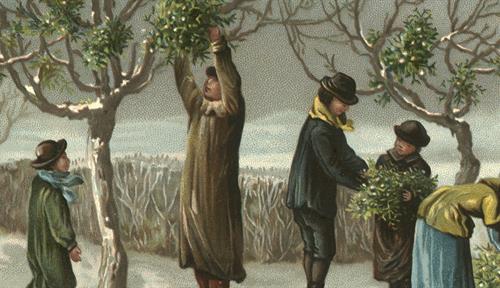 Old-fashioned Christmas-card painting of people wrapped up warmly cutting mistletoe from trees in snowy weather.