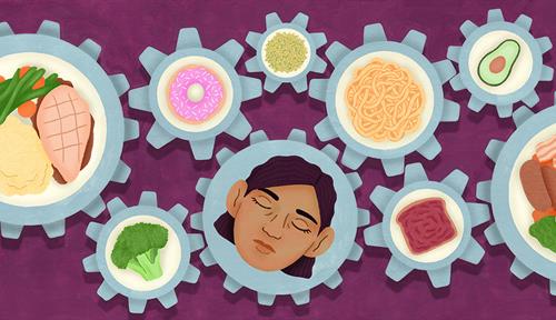 Illustration shows a woman surrounded by a complex set of gears showing food items, representing the complex relationship she has with eating and food. Most treatments for eating disorders focus on combatting the thoughts and behaviors associated with unhealthy consumption patterns.