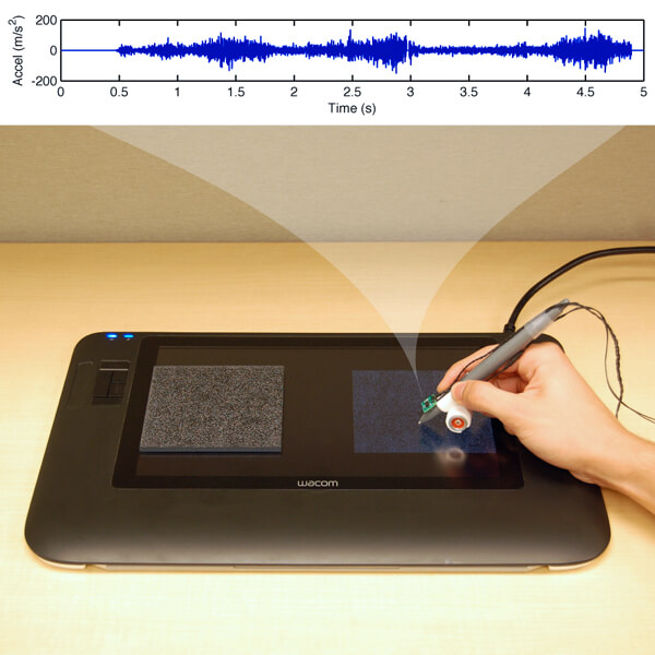 Photo of a touchable haptic device that lets the user “feel” different textures depending on what patterns of vibrations are transmitted through the pen. The vibrations change depending on the speed with which the pen is moved, or how much pressure the user applies. The goal is to realistically simulate roughness, hardness and slipperiness of surfaces.