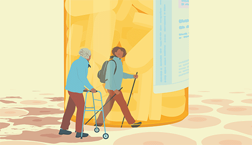 A conceptual illustration shows an elderly person with a walker looking at a vital version of themselves hiking reflected in the side of a giant pill bottle. Aging cells on the ground give way to healthy cells.