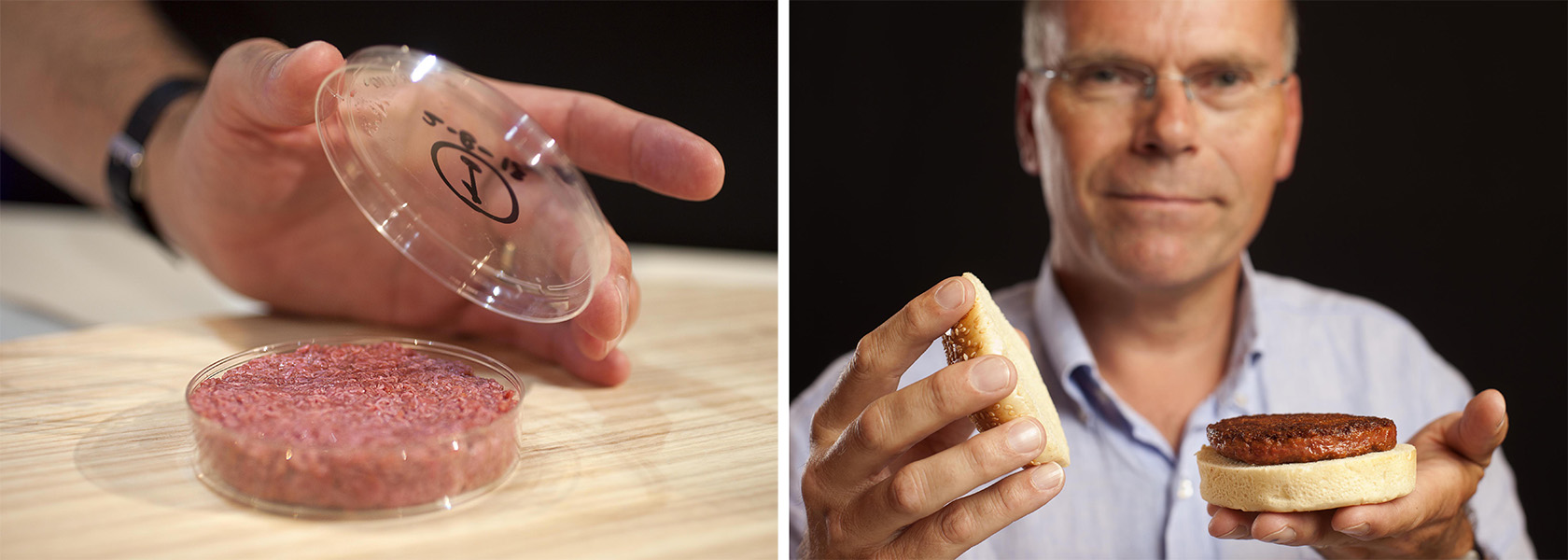 Left photo shows a patty of raw ground beef in a petri dish; right photo shows a cooked patty on a bun, with a smiling man’s face in background.