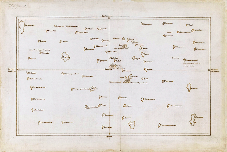 A black and white drawing shows an array of islands surrounding Tahiti in the Pacific Ocean.