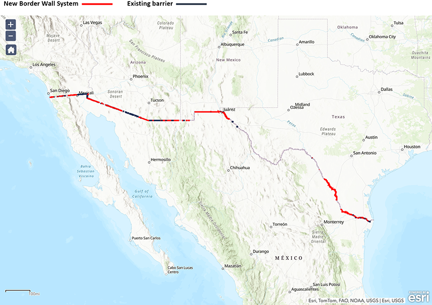 Map showing stretches of the US-Mexico border where there is a border barrier. In red are shown over 450 miles of barriers built between 2017 and 2021. Previously constructed barriers are shown in black.