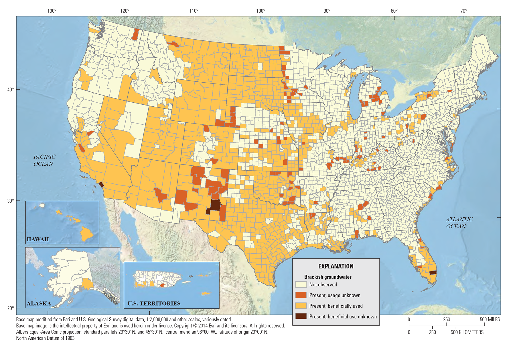 A map of the United States shows the location of brackish groundwater and notes whether that water is being tapped in useful ways.