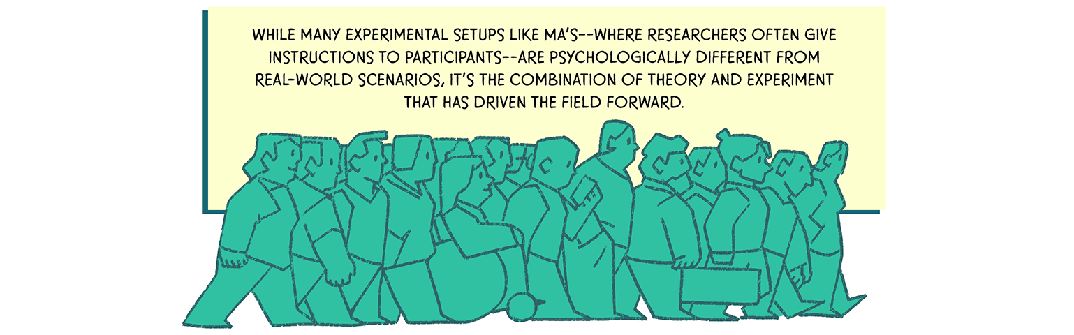 A pack of people moving unified in a single direction. TEXT: While many experimental setups like Ma’s — where researchers often give instructions to participants — are psychologically different from real-world scenarios, it’s the combination of theory and experiment that has driven the field forward.