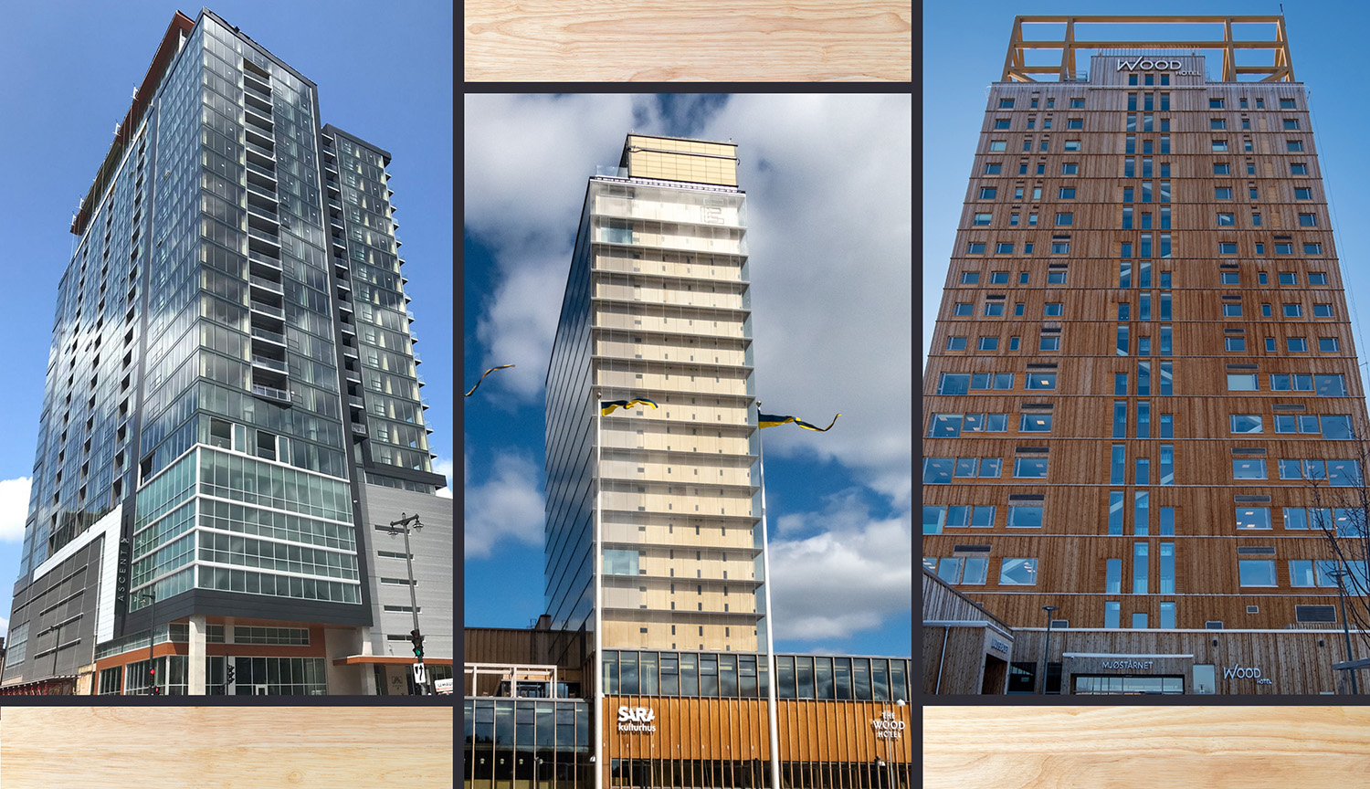 A collage of photos shows five high-rise buildings made of mass timber.