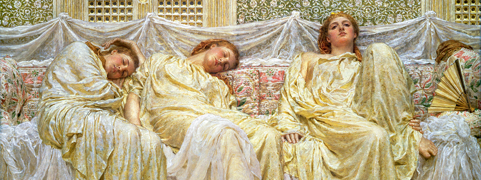 Painting showing several women in yellow robes reclining on a long bed. Some are fast asleep. One is awake.