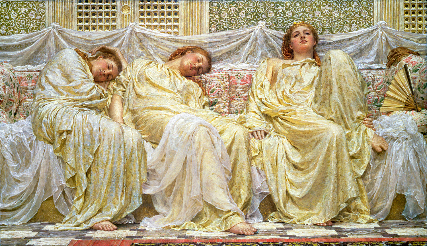 Painting showing several women in yellow robes reclining on a long bed. Some are fast asleep. One is awake.