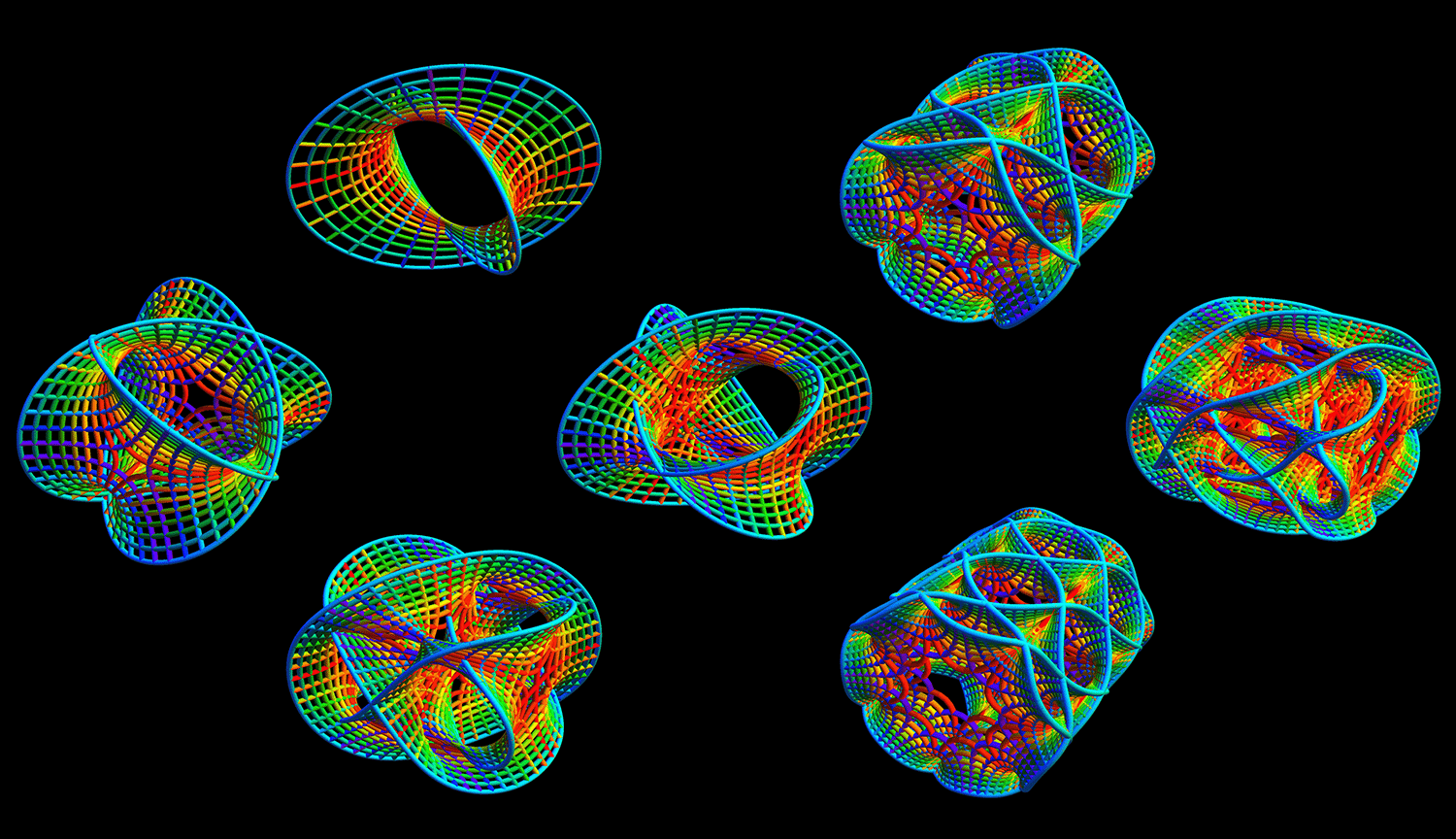 Colorful visualizations of Calabi Yau surfaces suggest many possible geometries, represented as a variety of intricately twisted and folded shapes.